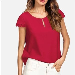 Scalloped Sleeves Red Keyhole Blouse